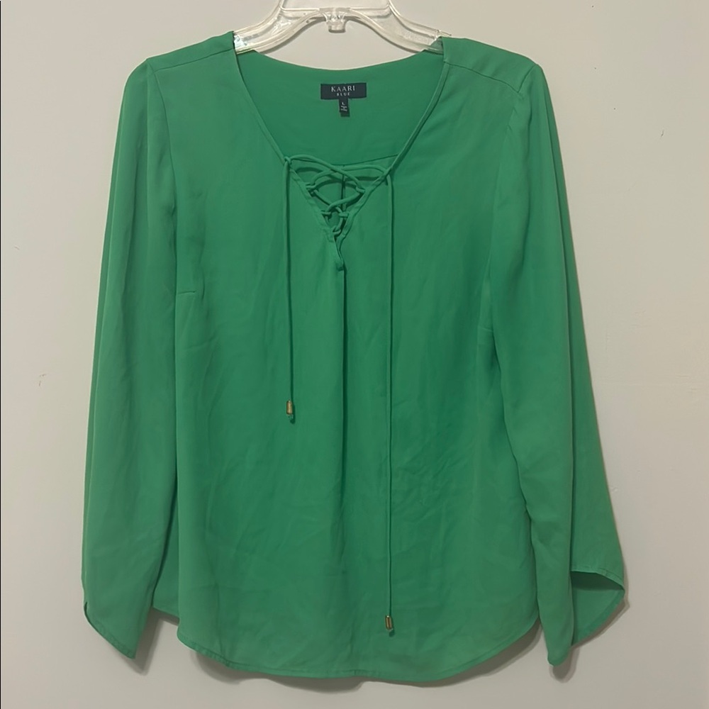 Kaari Blue Brand.  Green Tie Front Blouse with Long Sleeves - Size Large.